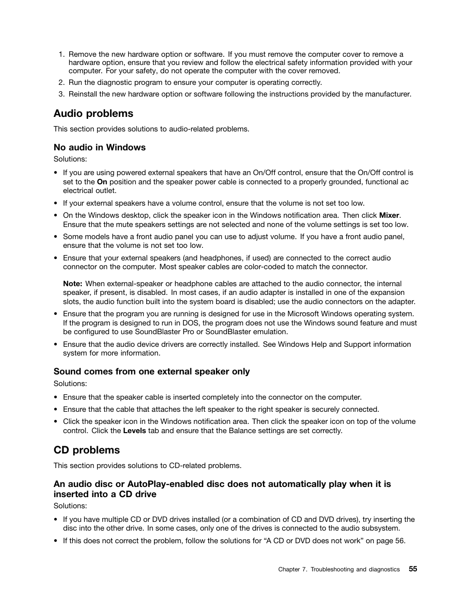 Audio problems, Cd problems | Lenovo ThinkStation P300 User Manual | Page 67 / 162