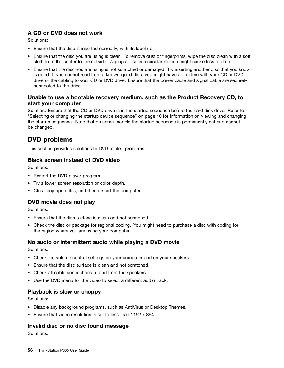 Dvd problems | Lenovo ThinkStation P300 User Manual | Page 68 / 162