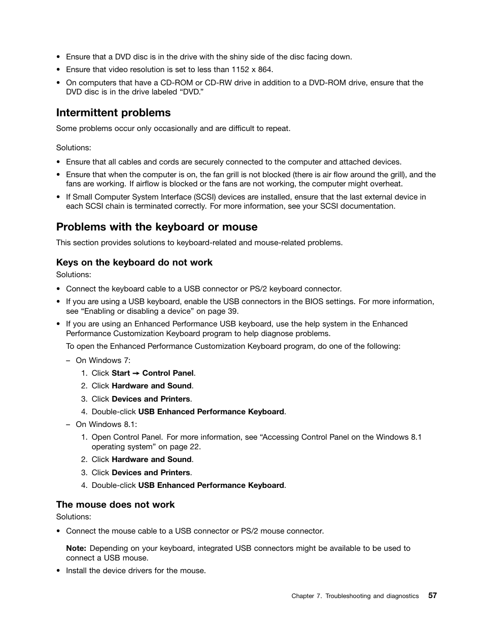 Intermittent problems, Problems with the keyboard or mouse | Lenovo ThinkStation P300 User Manual | Page 69 / 162