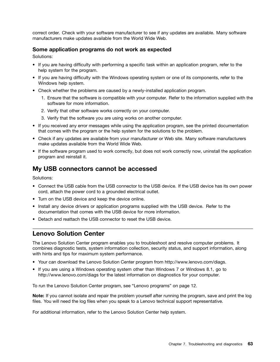 My usb connectors cannot be accessed, Lenovo solution center | Lenovo ThinkStation P300 User Manual | Page 75 / 162