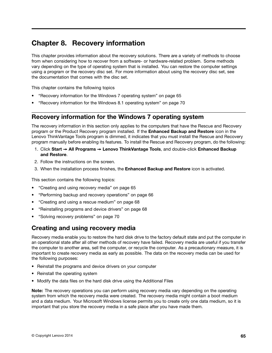 Chapter 8. recovery information, Creating and using recovery media | Lenovo ThinkStation P300 User Manual | Page 77 / 162