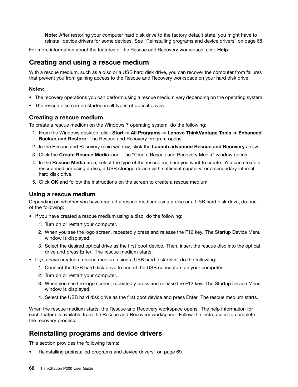 Creating and using a rescue medium, Reinstalling programs and device drivers | Lenovo ThinkStation P300 User Manual | Page 80 / 162