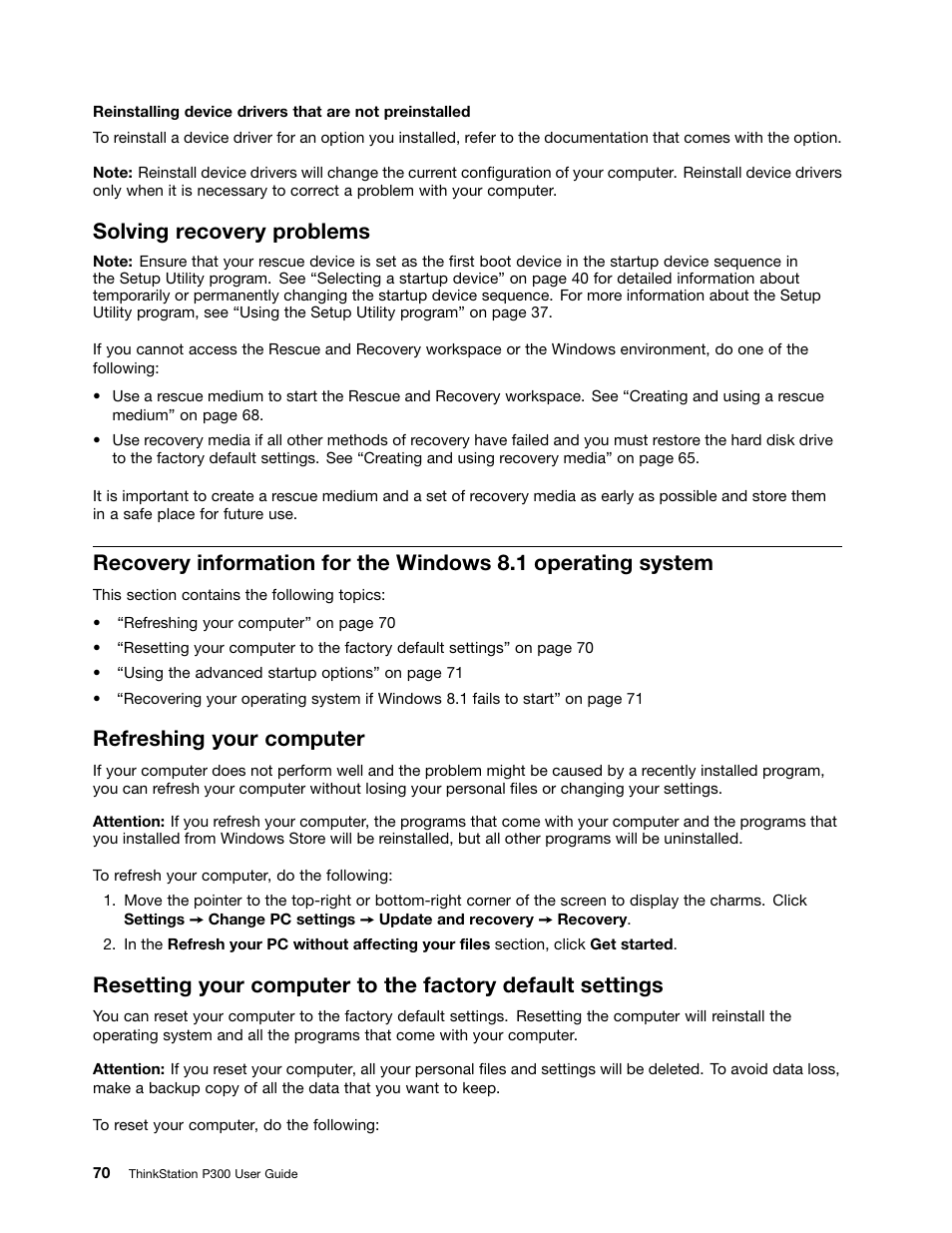 Solving recovery problems, Refreshing your computer | Lenovo ThinkStation P300 User Manual | Page 82 / 162