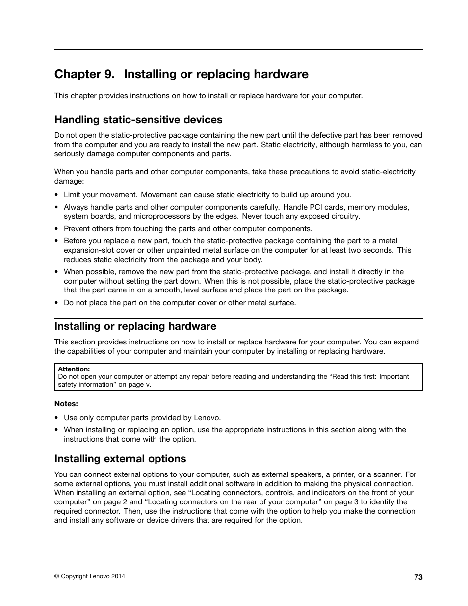 Chapter 9. installing or replacing hardware, Handling static-sensitive devices, Installing or replacing hardware | Installing external options | Lenovo ThinkStation P300 User Manual | Page 85 / 162