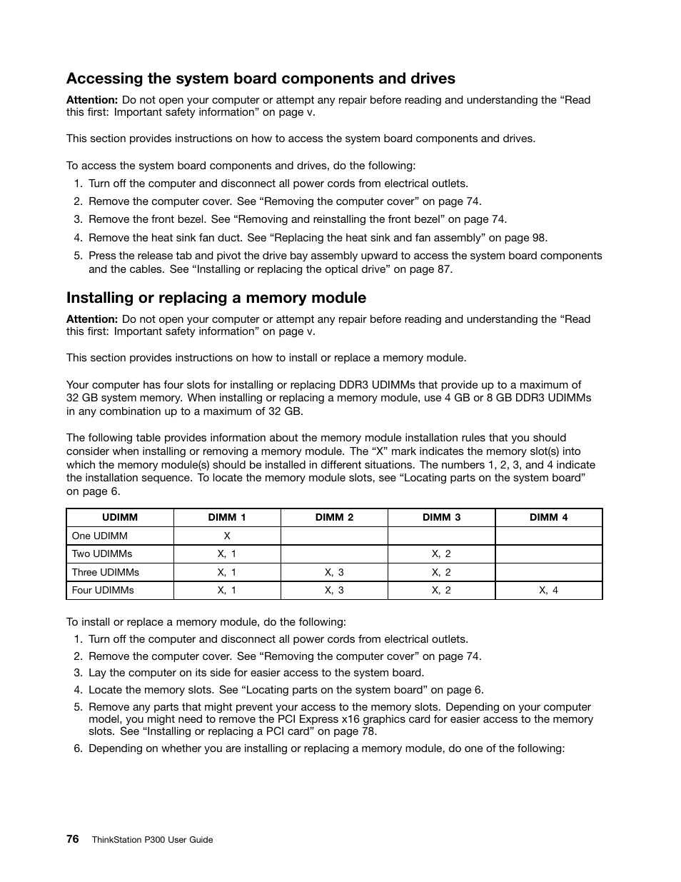 Accessing the system board components and drives, Installing or replacing a memory module | Lenovo ThinkStation P300 User Manual | Page 88 / 162