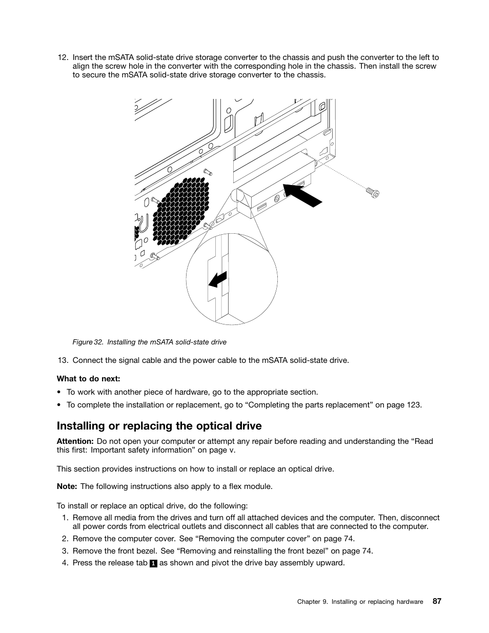 Installing or replacing the optical drive | Lenovo ThinkStation P300 User Manual | Page 99 / 162