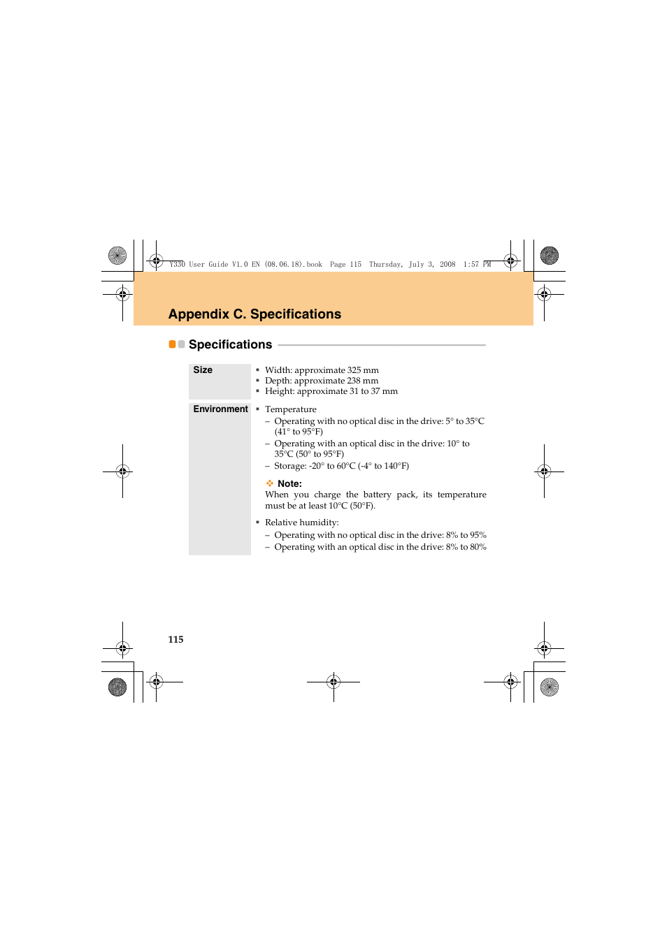 Appendix c. specifications, Specifications | Lenovo IdeaPad Y330 User Manual | Page 124 / 148