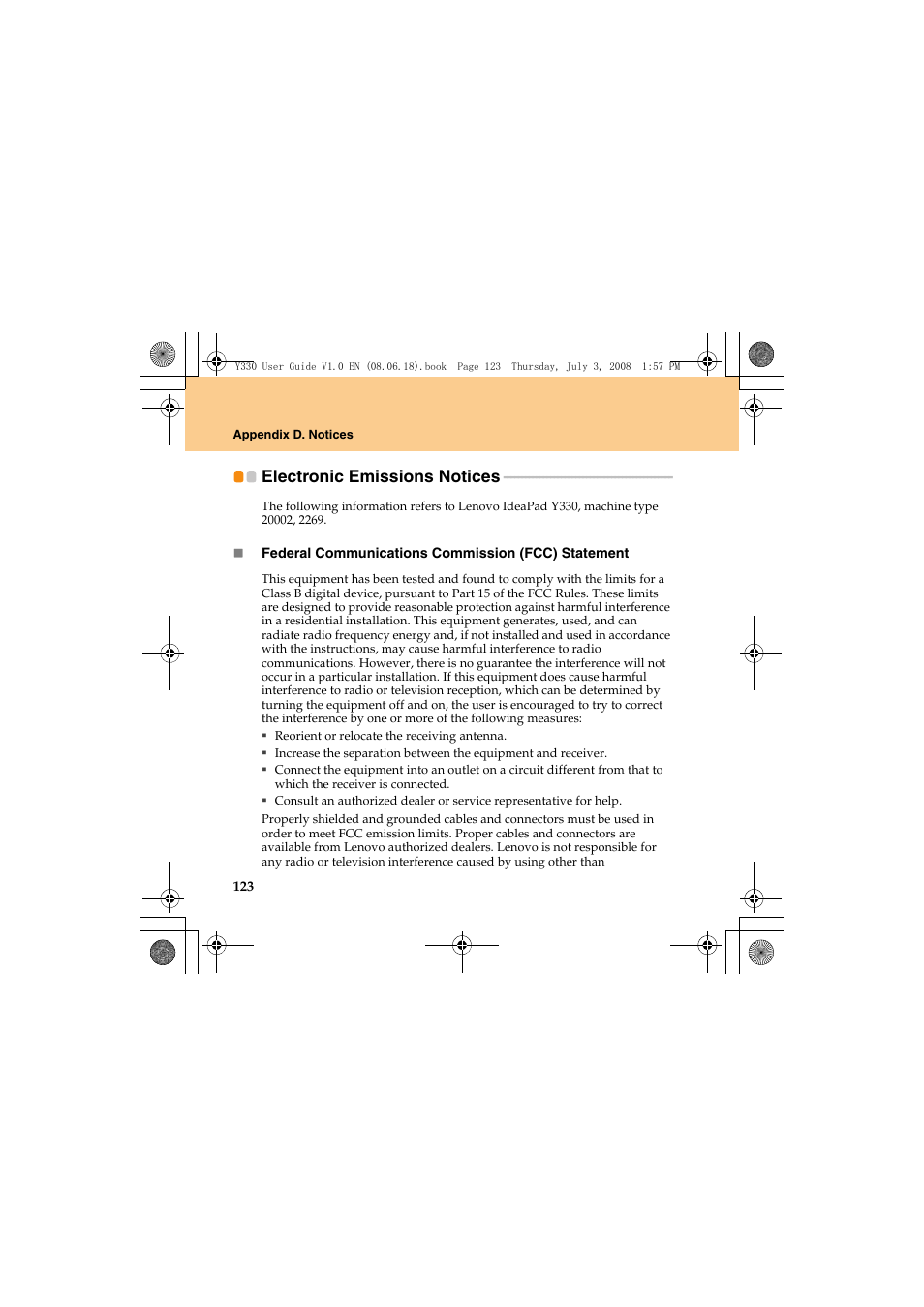 Electronic emissions notices | Lenovo IdeaPad Y330 User Manual | Page 132 / 148