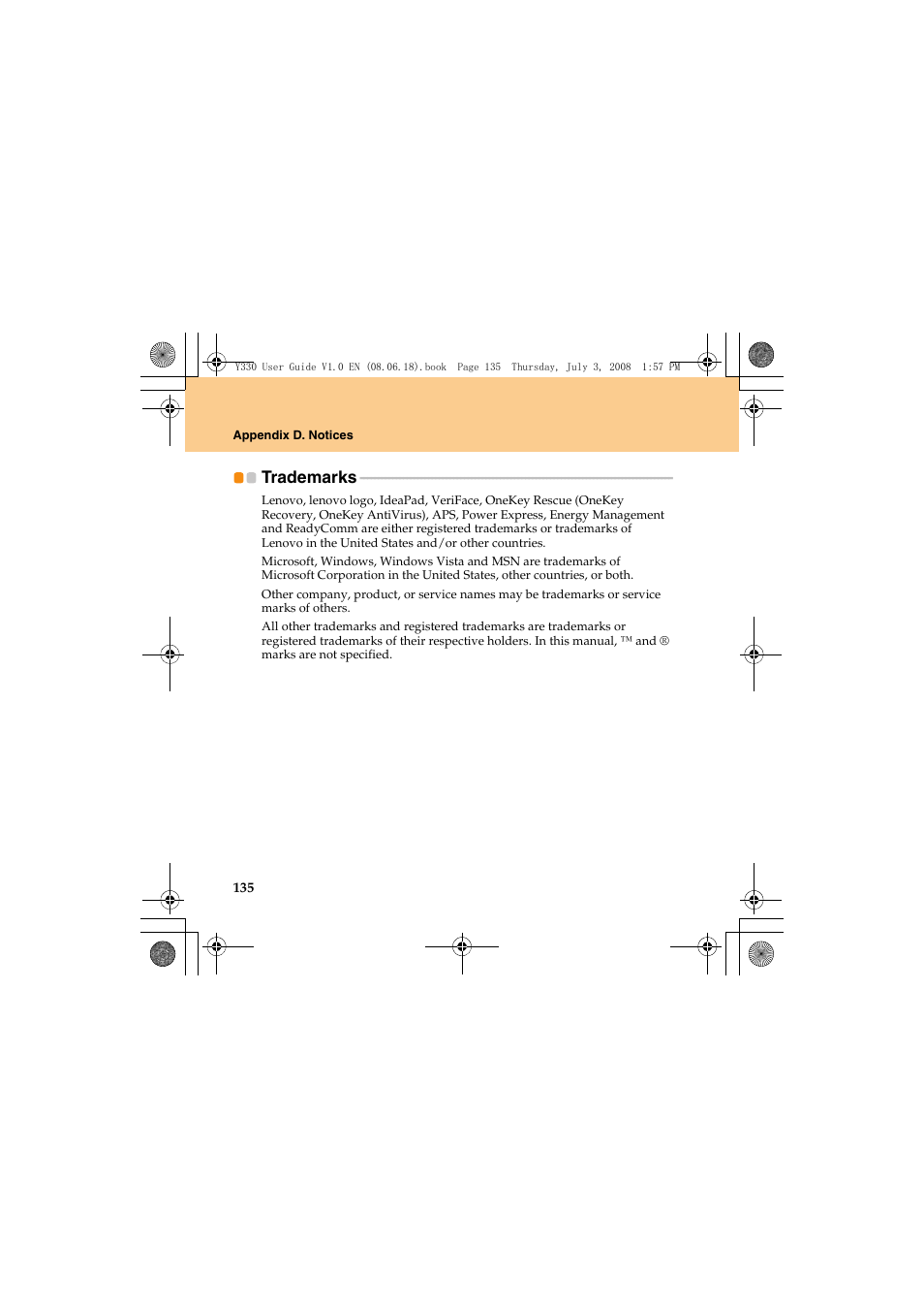 Trademarks | Lenovo IdeaPad Y330 User Manual | Page 144 / 148