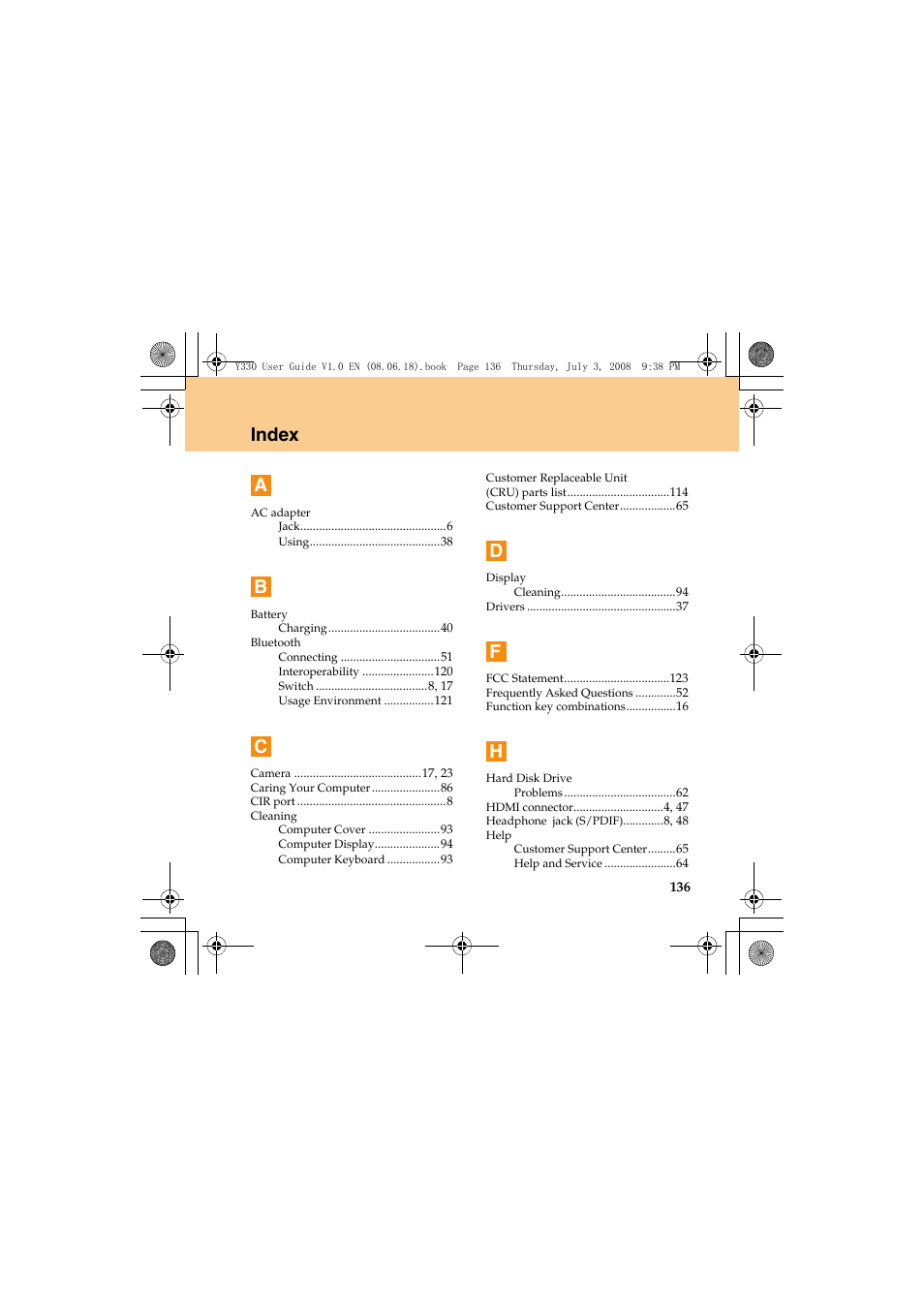 Index a | Lenovo IdeaPad Y330 User Manual | Page 145 / 148