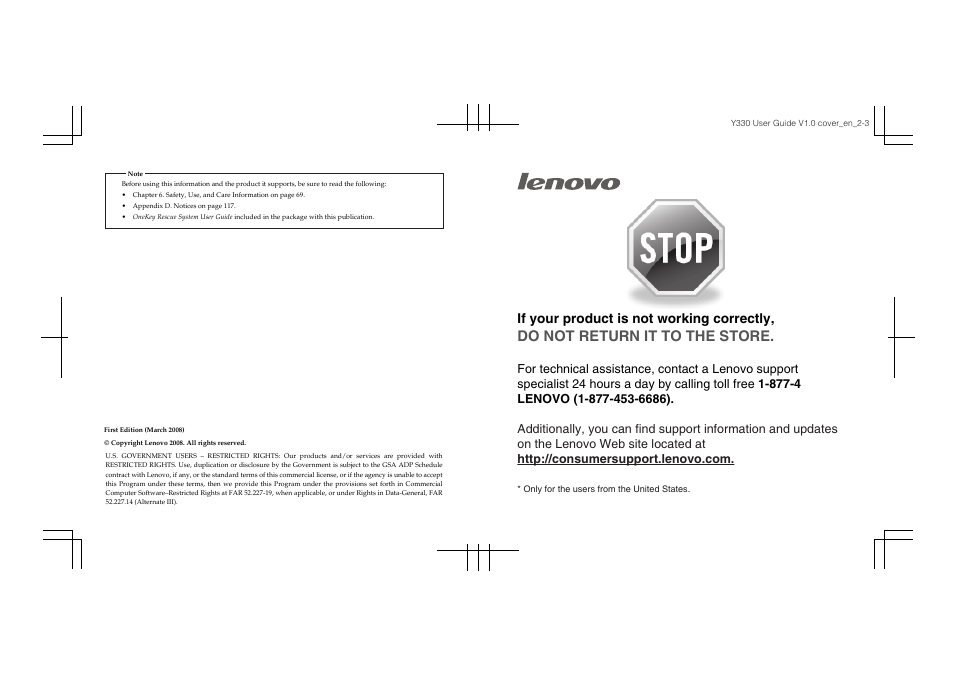 Do not return it to the store, If your product is not working correctly | Lenovo IdeaPad Y330 User Manual | Page 2 / 148