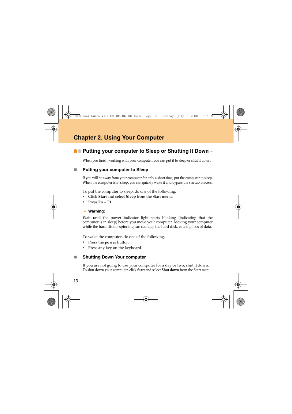 Chapter 2. using your computer, Putting your computer to sleep or shutting it down | Lenovo IdeaPad Y330 User Manual | Page 22 / 148