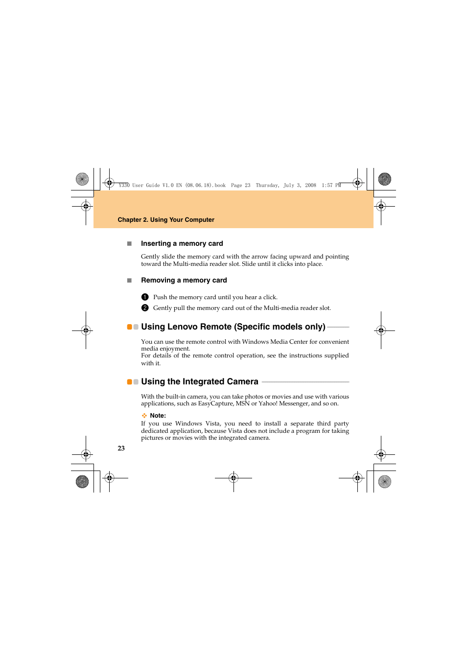 Using lenovo remote (specific models only), Using the integrated camera | Lenovo IdeaPad Y330 User Manual | Page 32 / 148