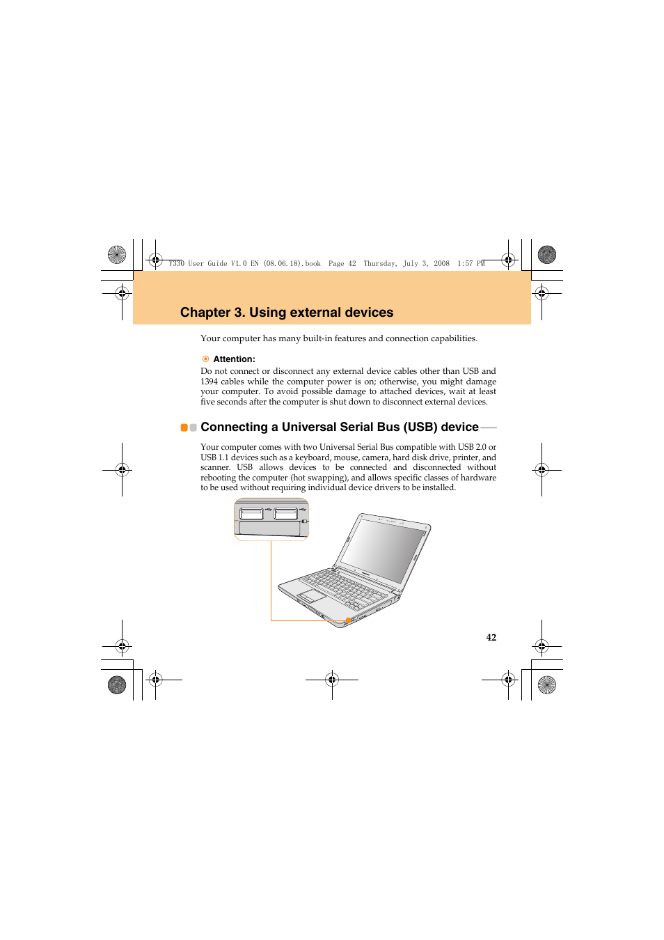 Chapter 3. using external devices, Connecting a universal serial bus (usb) device | Lenovo IdeaPad Y330 User Manual | Page 51 / 148