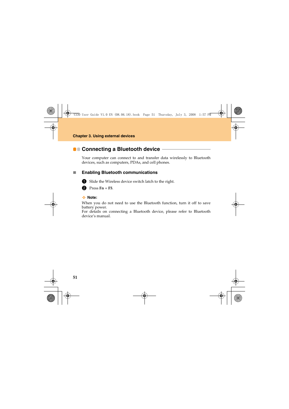 Connecting a bluetooth device | Lenovo IdeaPad Y330 User Manual | Page 60 / 148