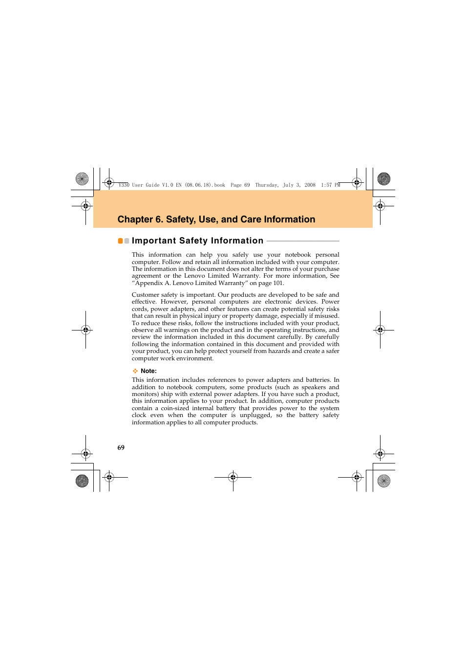 Chapter 6. safety, use, and care information, Important safety information | Lenovo IdeaPad Y330 User Manual | Page 78 / 148