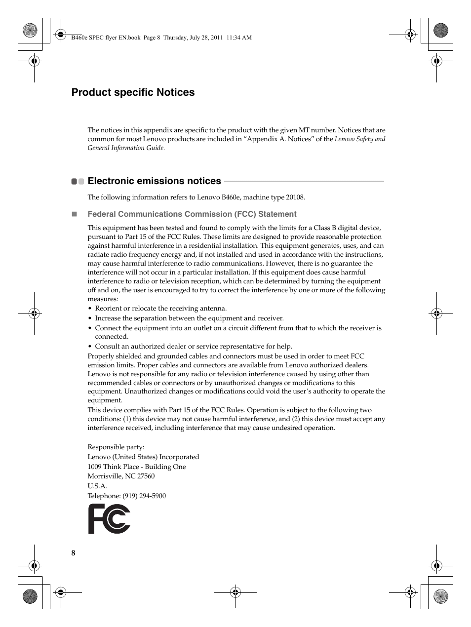 Product specific notices | Lenovo B460e Notebook User Manual | Page 8 / 14