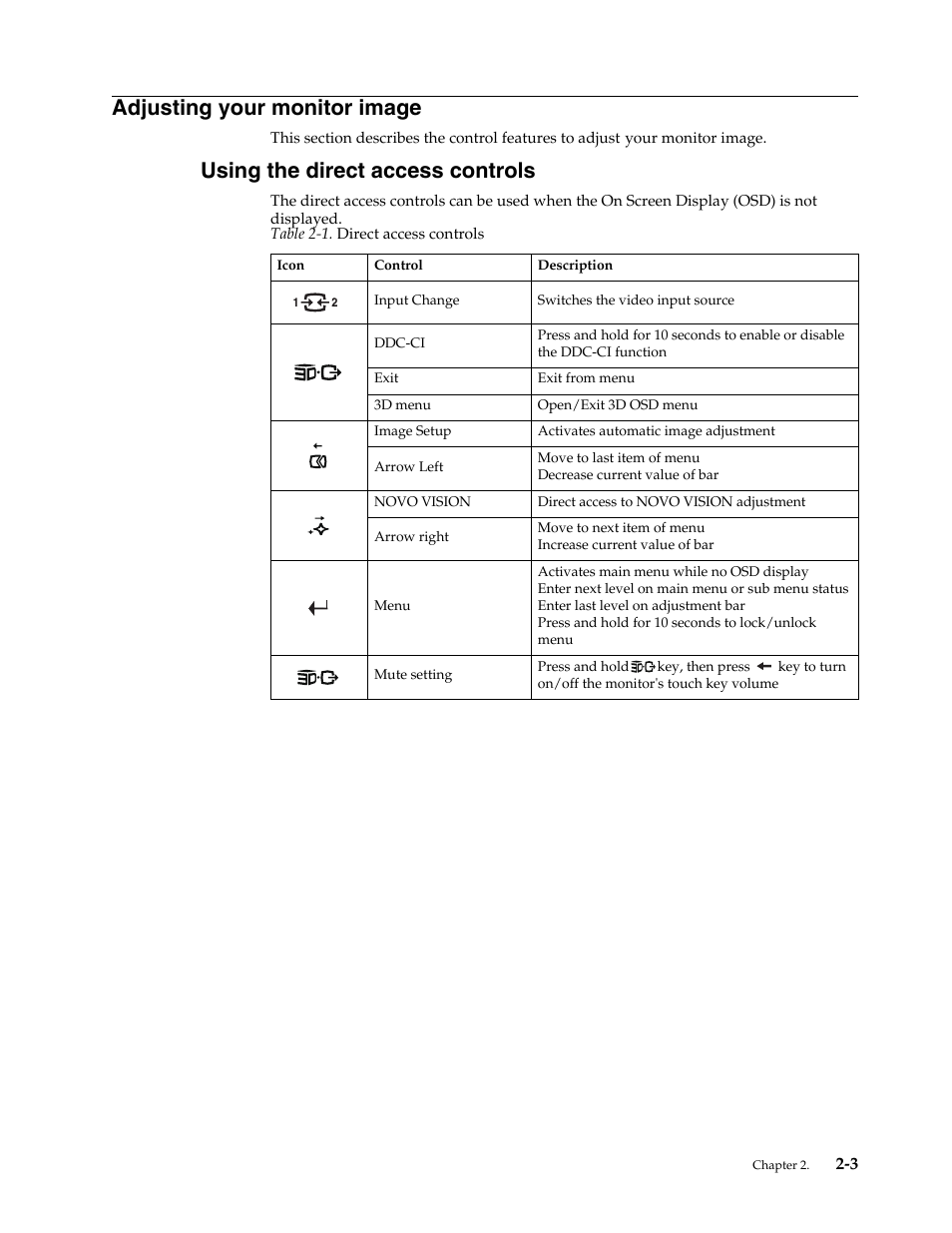 Adjusting your monitor image, Using the direct access controls, Adjusting your monitor image -3 | Using the direct access controls -3 | Lenovo LI2361d Wide Flat Panel Monitor User Manual | Page 14 / 33