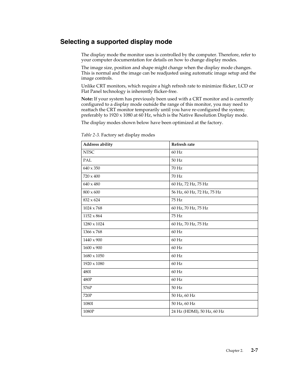 Selecting a supported display mode, Selecting a supported display mode -7 | Lenovo LI2361d Wide Flat Panel Monitor User Manual | Page 18 / 33