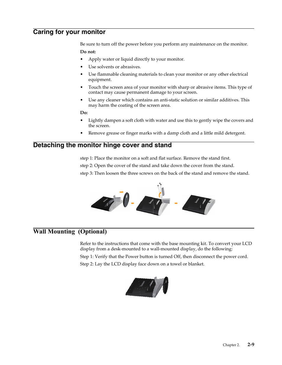 Caring for your monitor, Detaching the monitor hinge cover and stand, Wall mounting (optional) | Caring for your monitor -9, Detaching the monitor hinge cover and stand -9, Wall mounting | Lenovo LI2361d Wide Flat Panel Monitor User Manual | Page 20 / 33