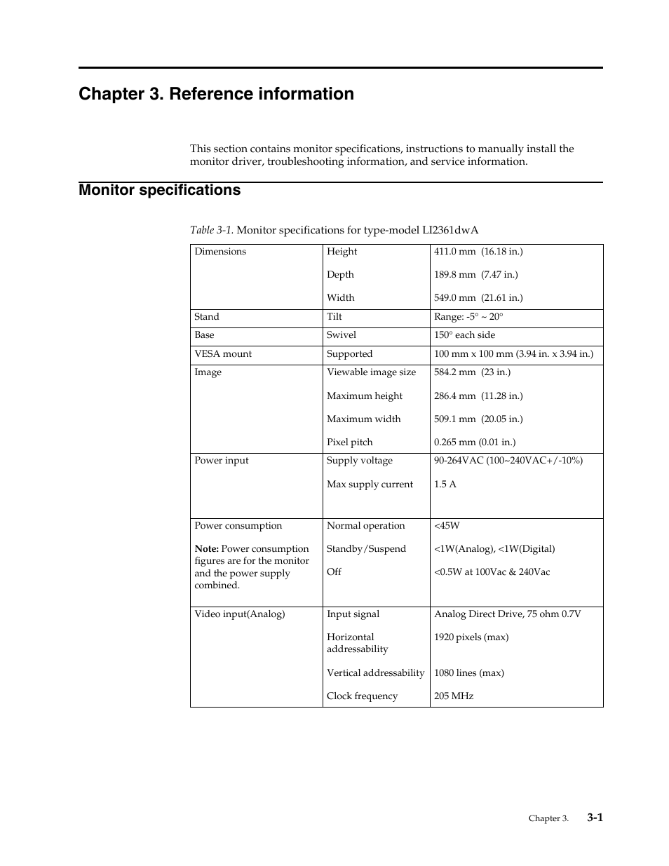 Chapter 3. reference information, Monitor specifications, Chapter 3 | Refe, Monitor specifications -1 | Lenovo LI2361d Wide Flat Panel Monitor User Manual | Page 22 / 33