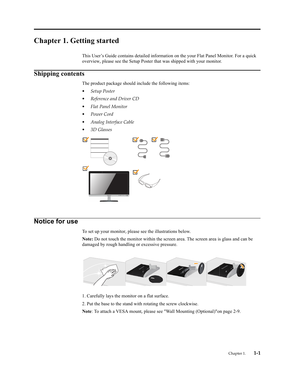 Chapter 1. getting started, Shipping contents, Notice for use | Chapter 1. getting, Shipping contents -1, Notice for use -1 | Lenovo LI2361d Wide Flat Panel Monitor User Manual | Page 5 / 33