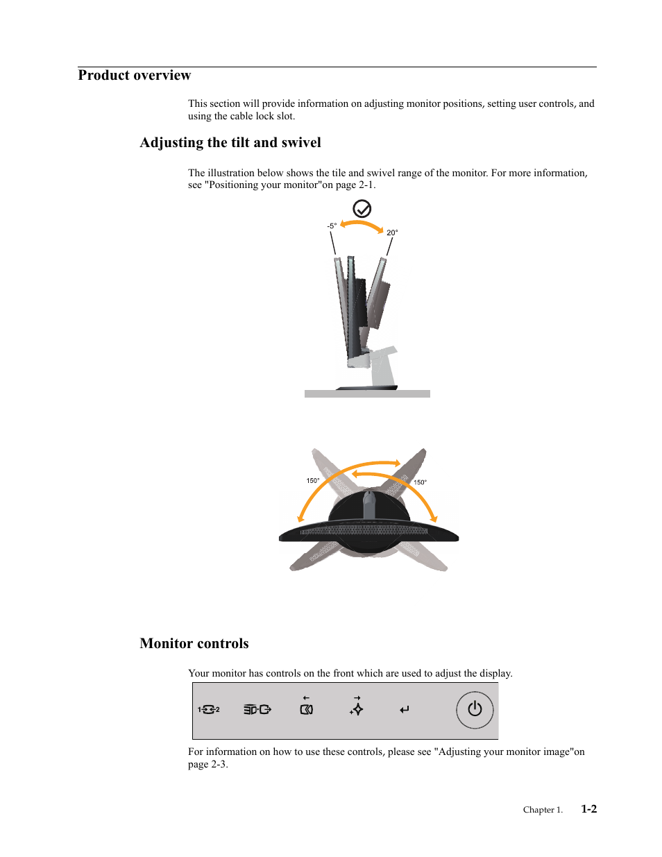 Product overview, Adjusting the tilt and swivel, Monitor controls | Product overview -2, Adjusting the tilt and swivel -2, Monitor controls -2 | Lenovo LI2361d Wide Flat Panel Monitor User Manual | Page 6 / 33