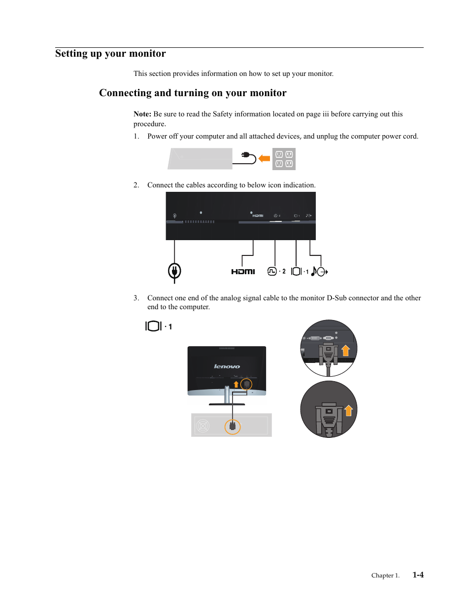 Setting up your monitor, Connecting and turning on your monitor, Setting up your monitor -4 | Connecting and turning on your monitor -4 | Lenovo LI2361d Wide Flat Panel Monitor User Manual | Page 8 / 33