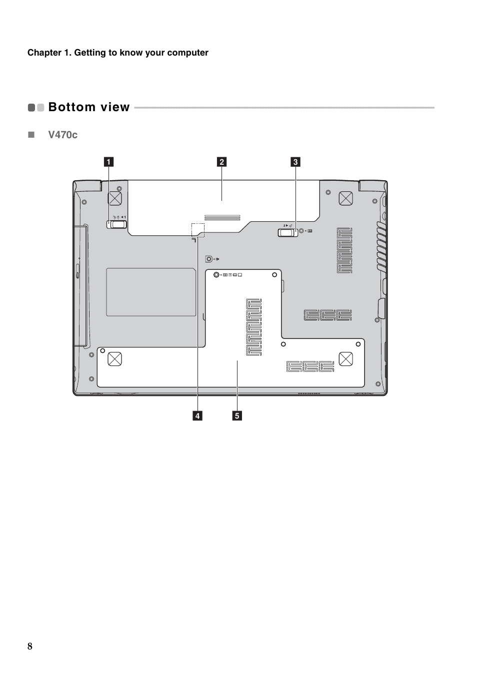 Bottom view | Lenovo V470c Notebook User Manual | Page 12 / 53