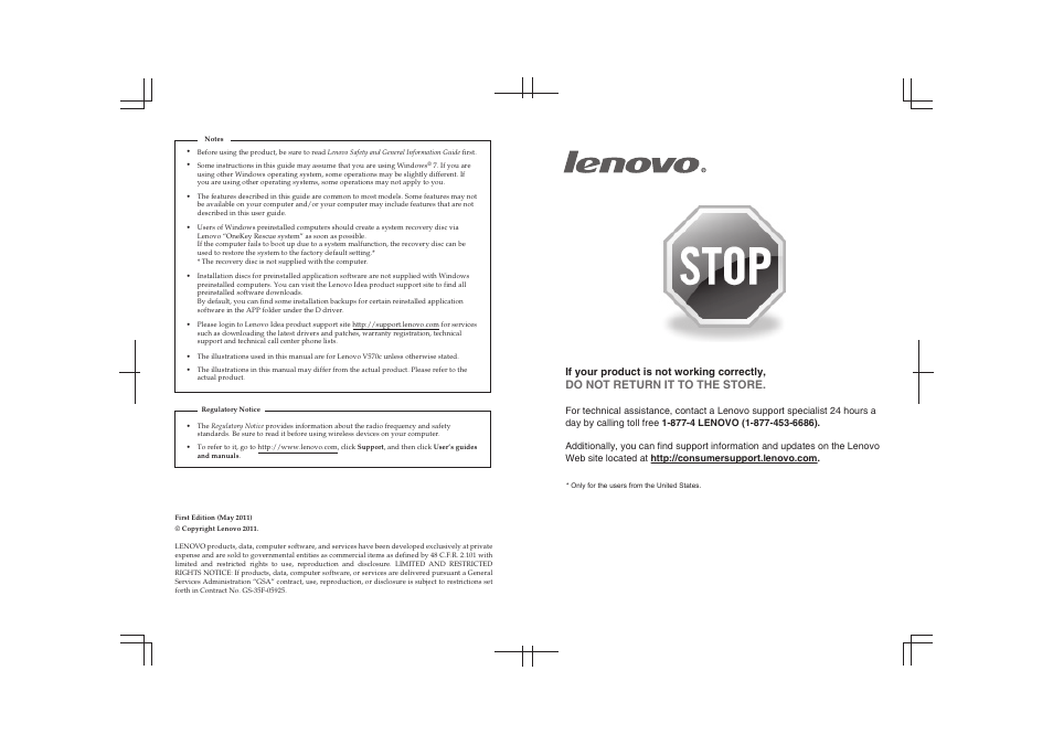 Do not return it to the store, If your product is not working correctly | Lenovo V470c Notebook User Manual | Page 2 / 53