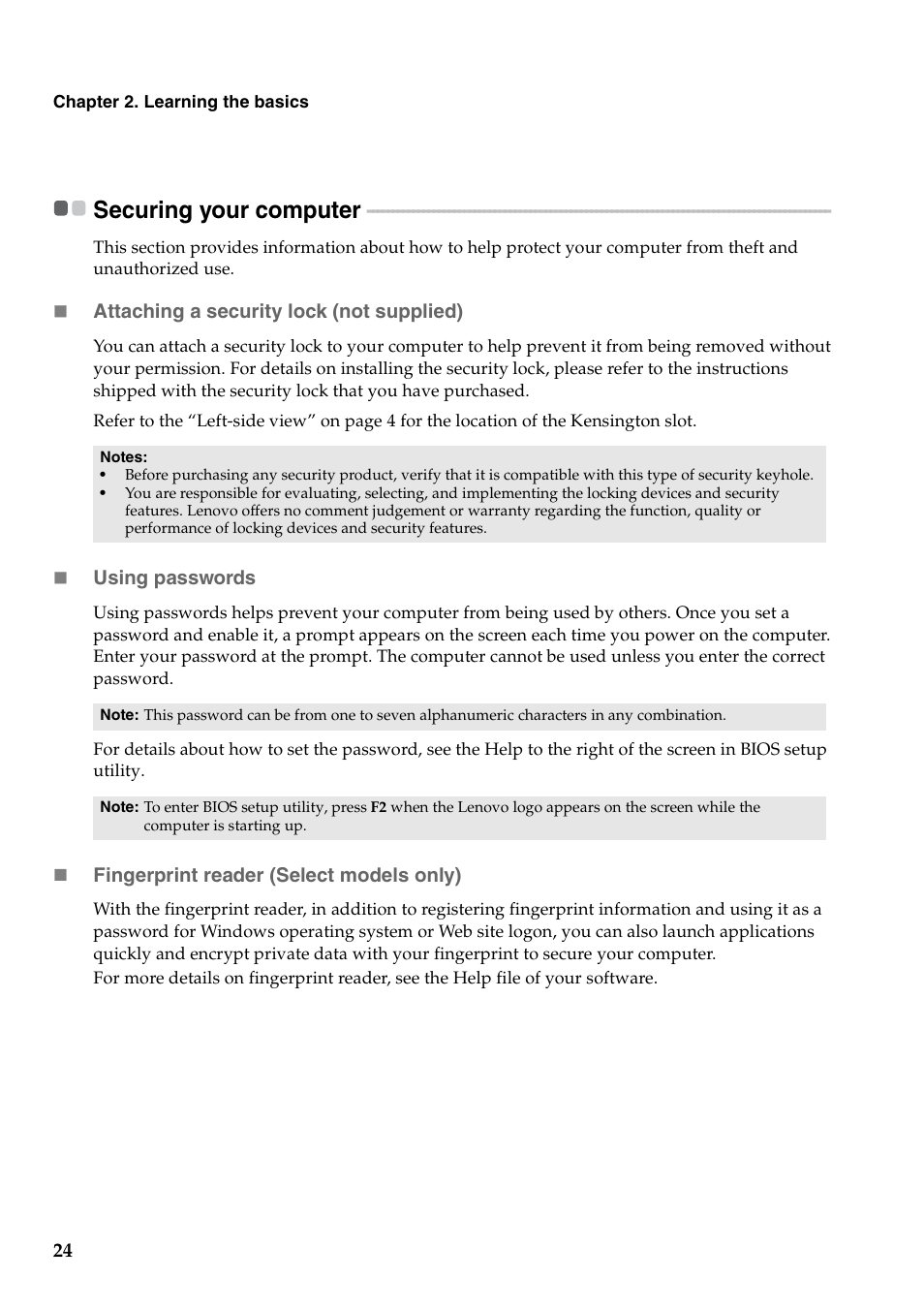 Securing your computer | Lenovo V470c Notebook User Manual | Page 28 / 53