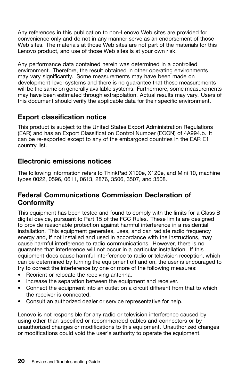 Export classification notice, Electronic emissions notices | Lenovo ThinkPad X120e User Manual | Page 32 / 40