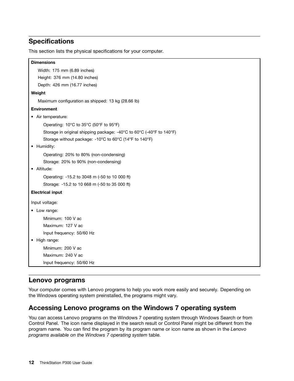 Specifications, Lenovo programs | Lenovo ThinkStation P300 User Manual | Page 24 / 150
