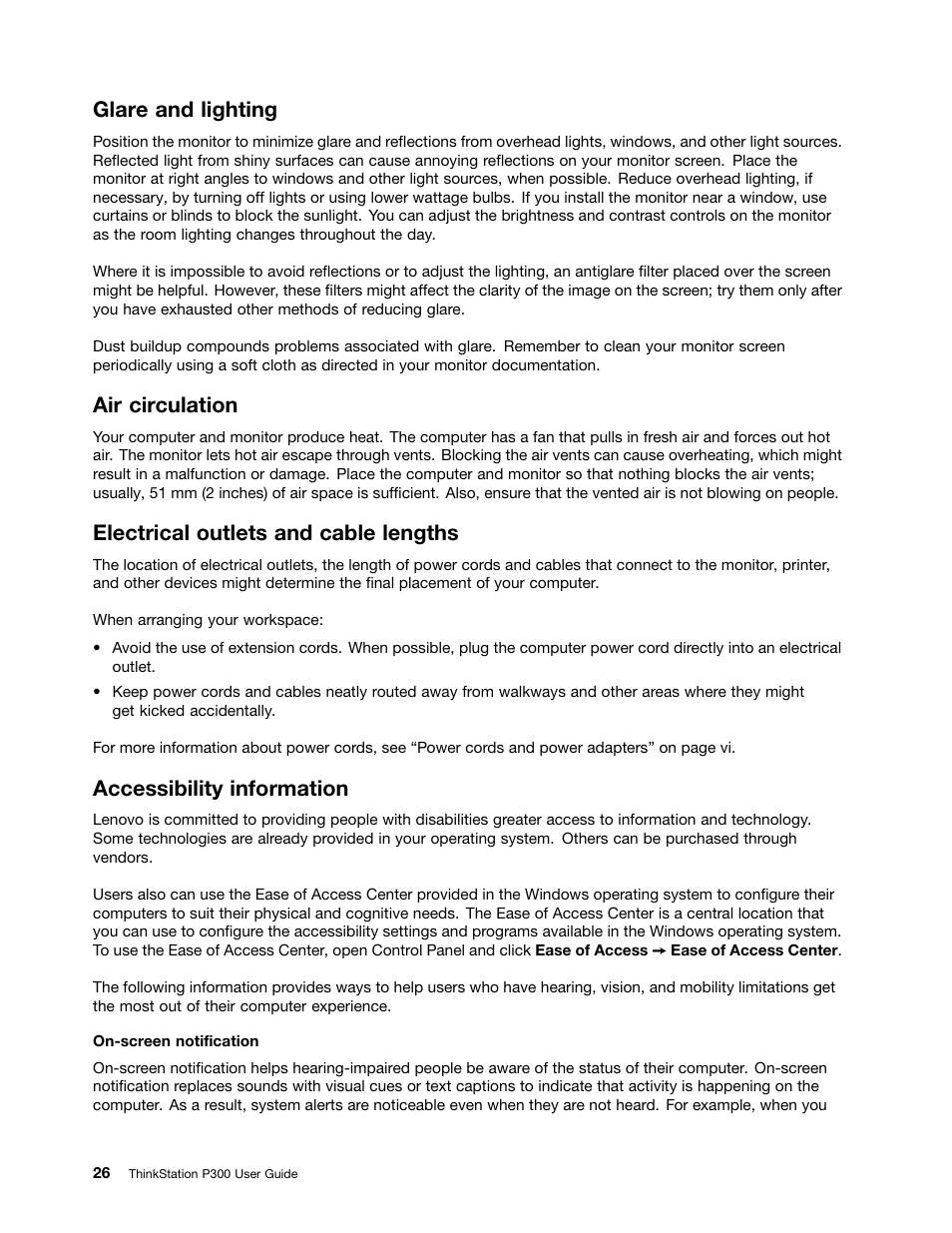 Glare and lighting, Air circulation, Electrical outlets and cable lengths | Accessibility information | Lenovo ThinkStation P300 User Manual | Page 38 / 150