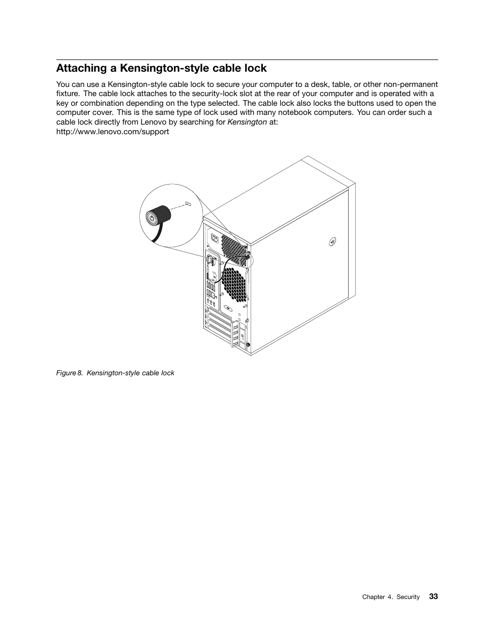 Attaching a kensington-style cable lock | Lenovo ThinkStation P300 User Manual | Page 45 / 150