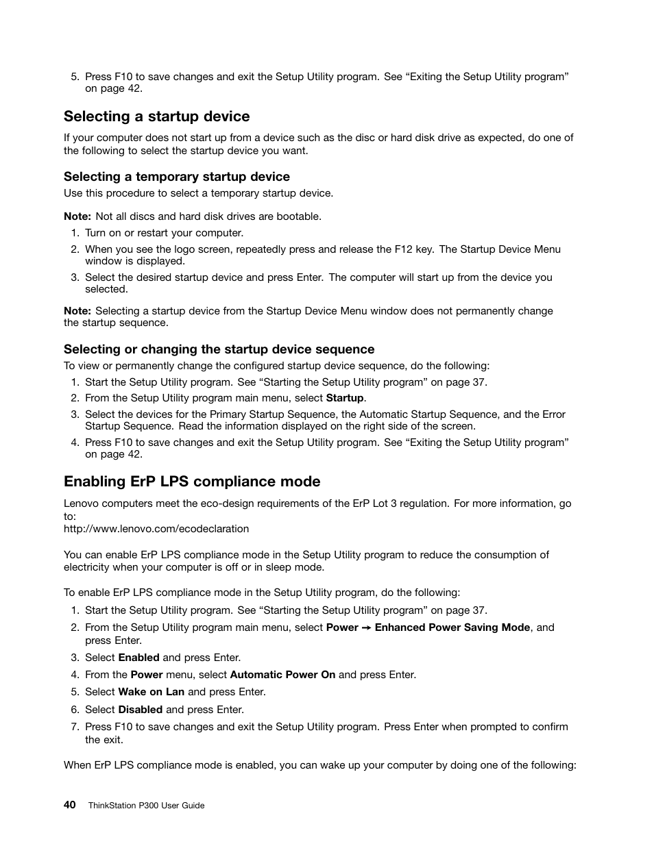 Selecting a startup device, Enabling erp lps compliance mode | Lenovo ThinkStation P300 User Manual | Page 52 / 150