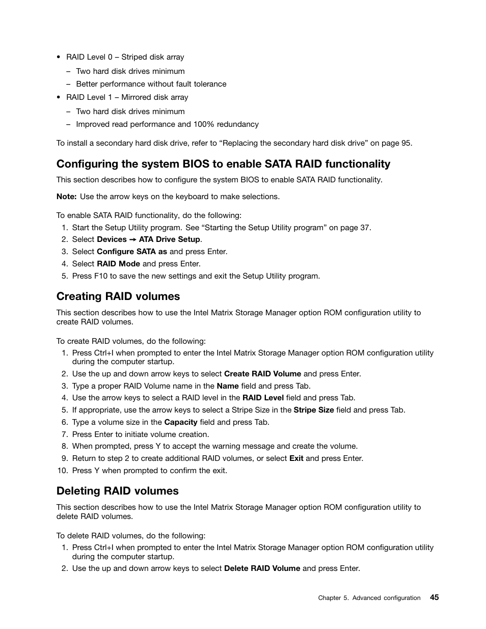 Creating raid volumes, Deleting raid volumes | Lenovo ThinkStation P300 User Manual | Page 57 / 150