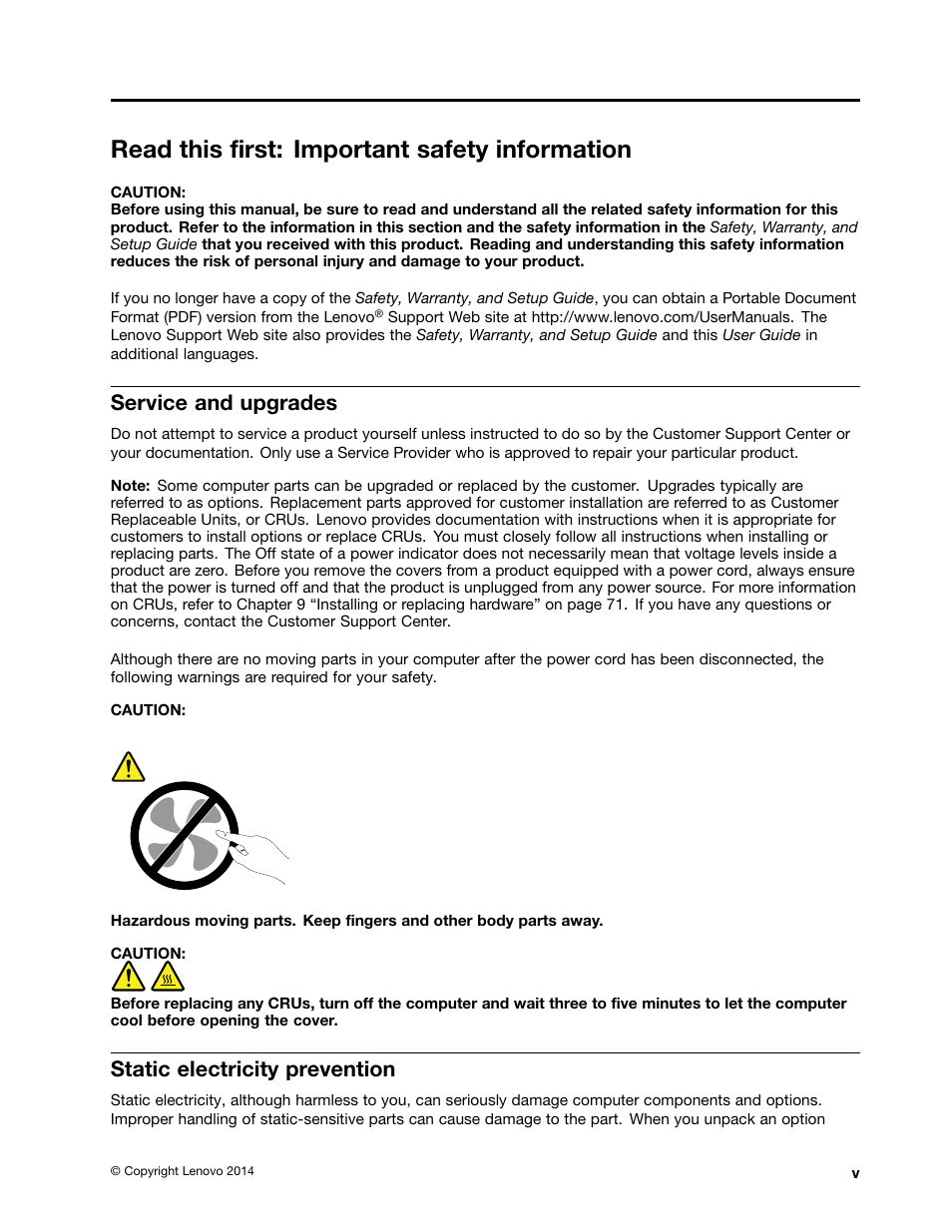 Read this first: important safety information, Service and upgrades, Static electricity prevention | Lenovo ThinkStation P300 User Manual | Page 7 / 150