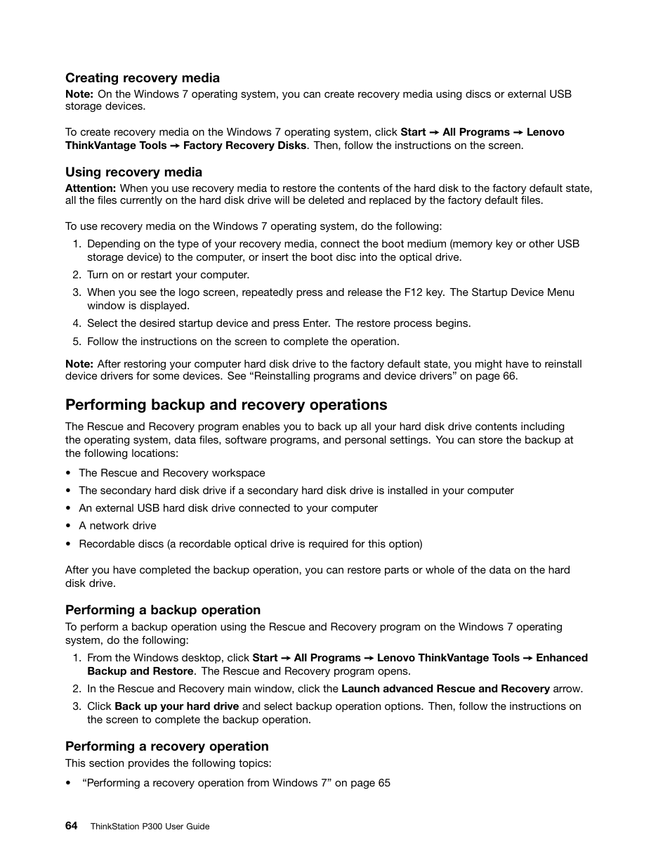 Performing backup and recovery operations | Lenovo ThinkStation P300 User Manual | Page 76 / 150