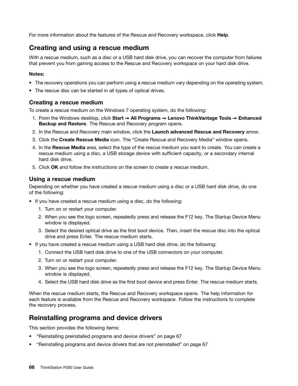 Creating and using a rescue medium, Reinstalling programs and device drivers | Lenovo ThinkStation P300 User Manual | Page 78 / 150