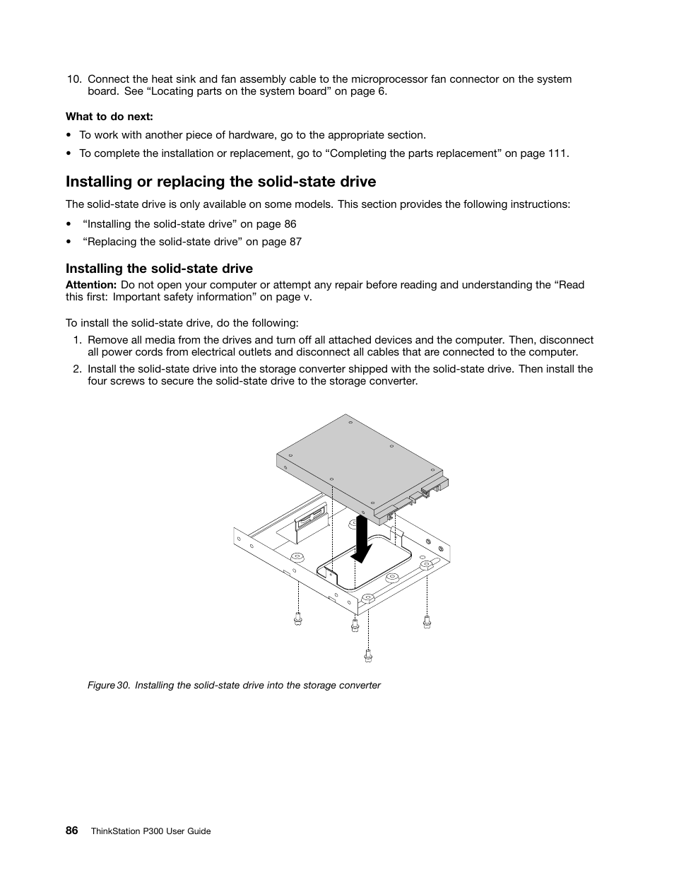 Installing or replacing the solid-state drive | Lenovo ThinkStation P300 User Manual | Page 98 / 150