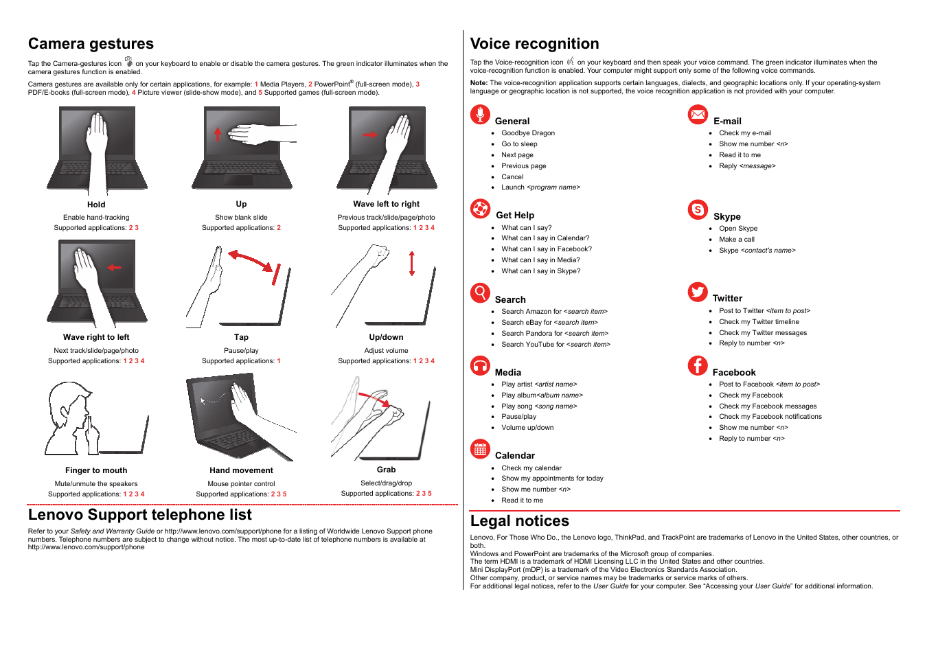 Camera gestures, Lenovo support telephone list, Voice recognition | Legal notices | Lenovo ThinkPad X1 Carbon Type 20A7 20A8 User Manual | Page 2 / 2