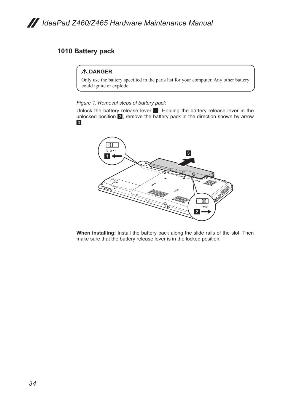 1010 battery pack | Lenovo IdeaPad Z460 User Manual | Page 38 / 92