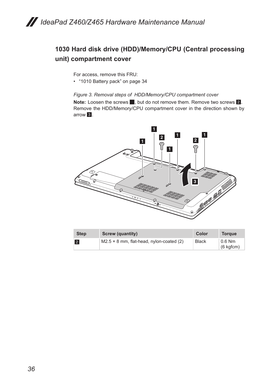 1030 hard disk drive (hdd)/memory/cpu, Central processing unit) compartment cover | Lenovo IdeaPad Z460 User Manual | Page 40 / 92