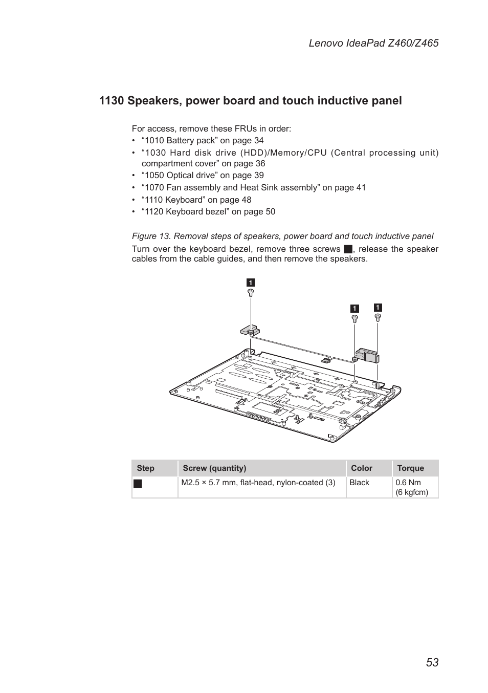 1130 speakers, power board and touch, Inductive panel | Lenovo IdeaPad Z460 User Manual | Page 57 / 92