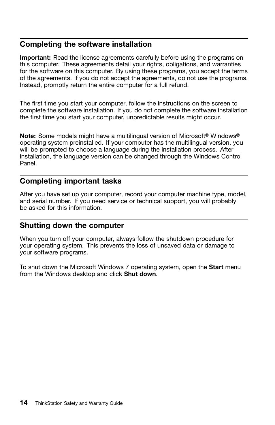 Completing the software installation, Completing important tasks, Shutting down the computer | Lenovo ThinkStation E30 User Manual | Page 18 / 44