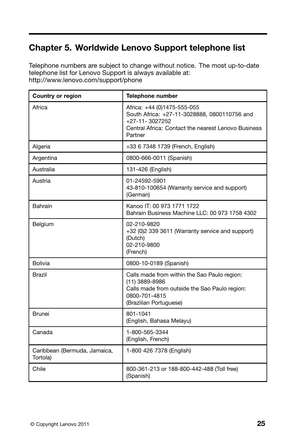 Chapter 5. worldwide lenovo support telephone list | Lenovo ThinkStation E30 User Manual | Page 29 / 44