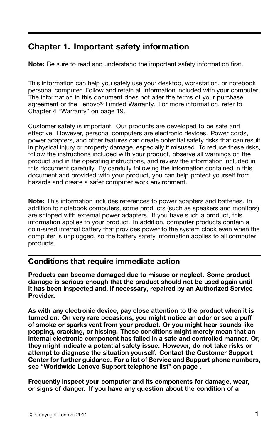 Chapter 1. important safety information, Conditions that require immediate action | Lenovo ThinkStation E30 User Manual | Page 5 / 44