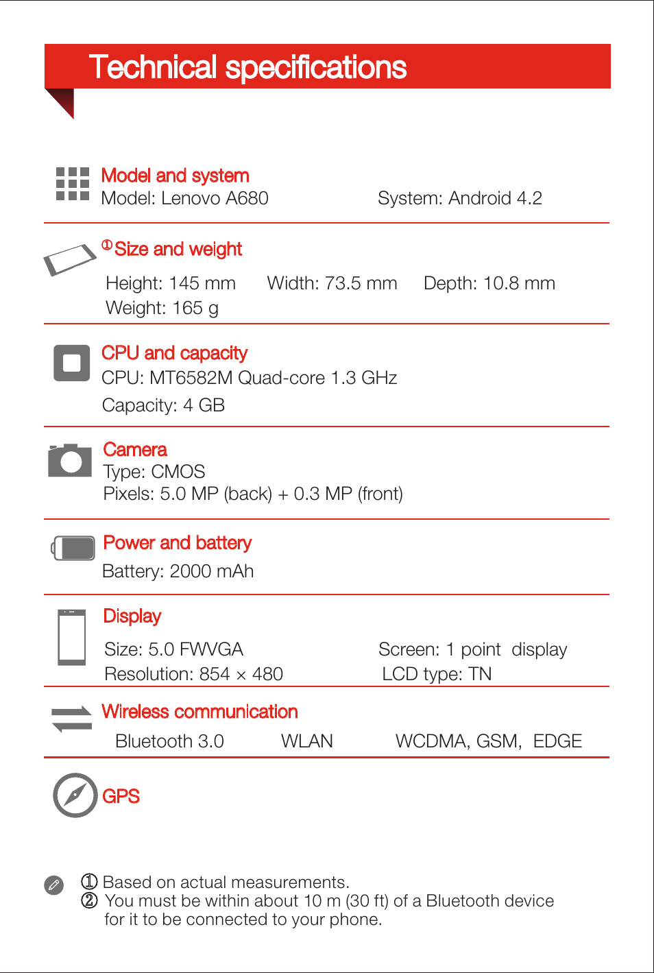 Technical specifications | Lenovo A680 Smartphone User Manual | Page 2 / 6