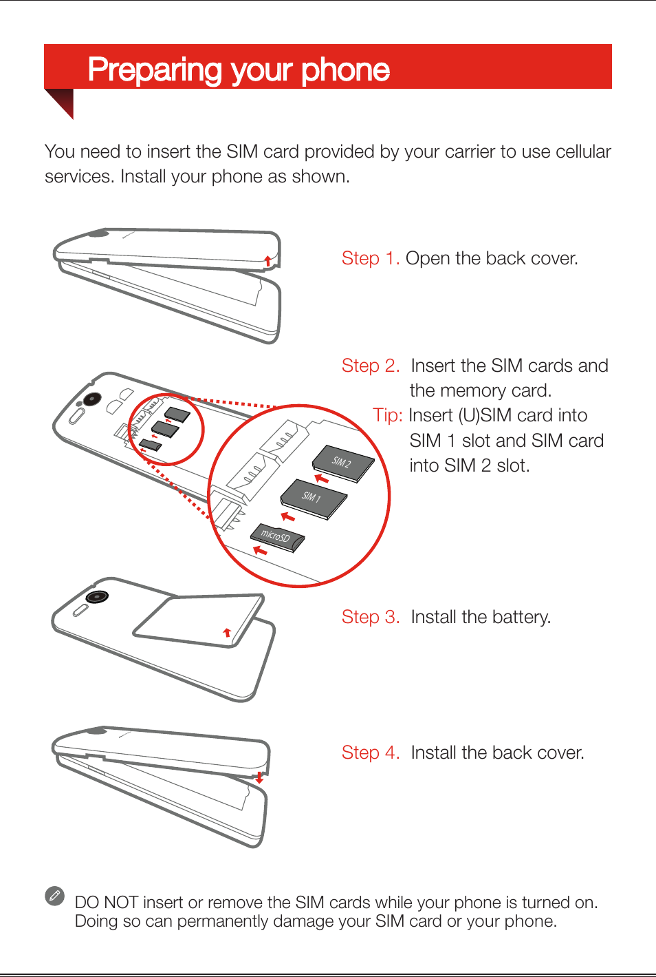 Preparing your phone | Lenovo A680 Smartphone User Manual | Page 4 / 6